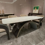 Rounded Rectangular Marble Dining Table with Woven Leather Arched Base and Metal Trim